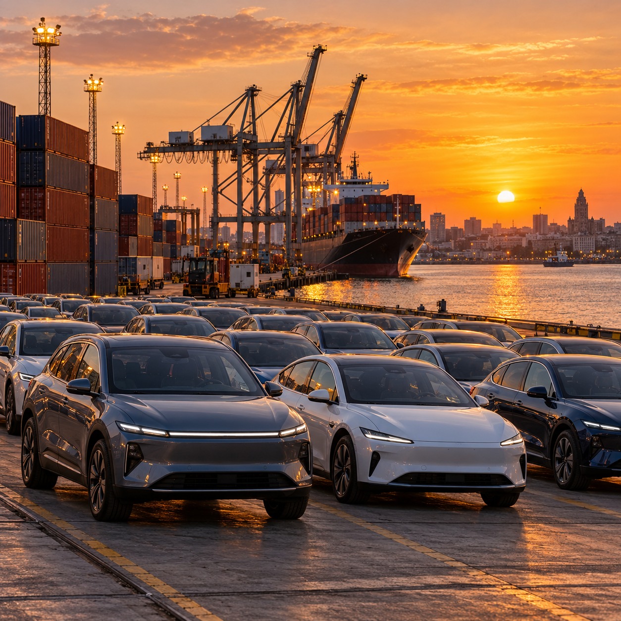 Ilustración editorial de una terminal portuaria inspirada en Montevideo, con filas de sedanes y SUV eléctricos sin marcas junto a contenedores, grúas y luz de atardecer.