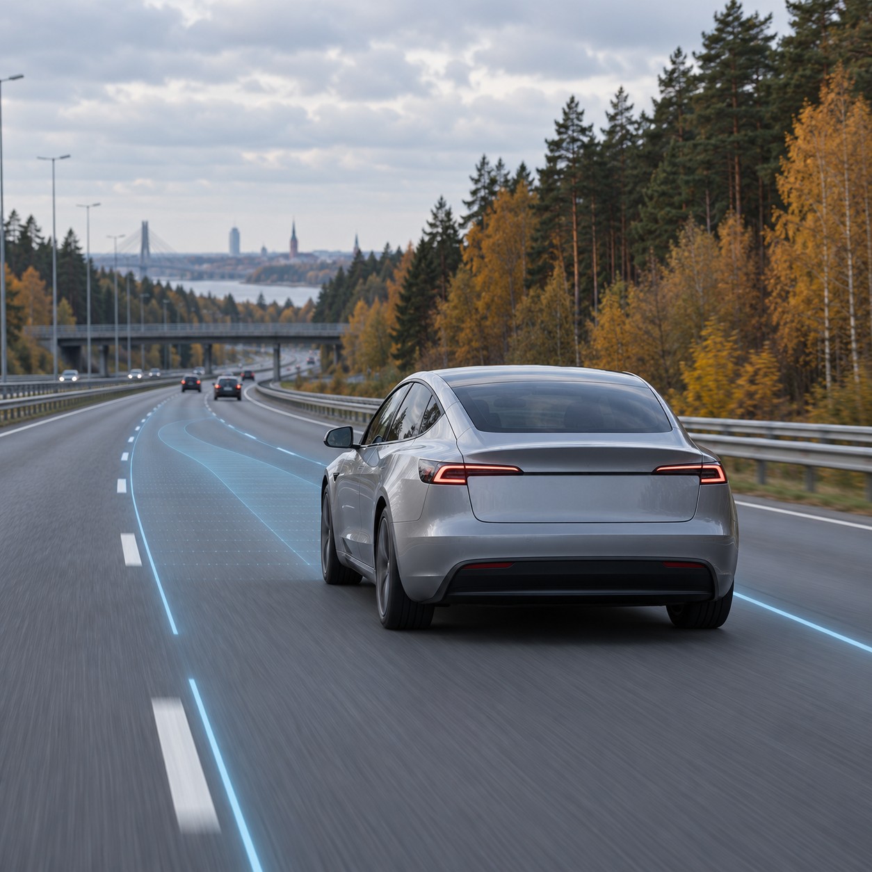 Sedán eléctrico genérico visto desde atrás en una autopista europea rodeada de pinos y colores de otoño, con una superposición sutil de líneas de carril que sugiere asistencia a la conducción.