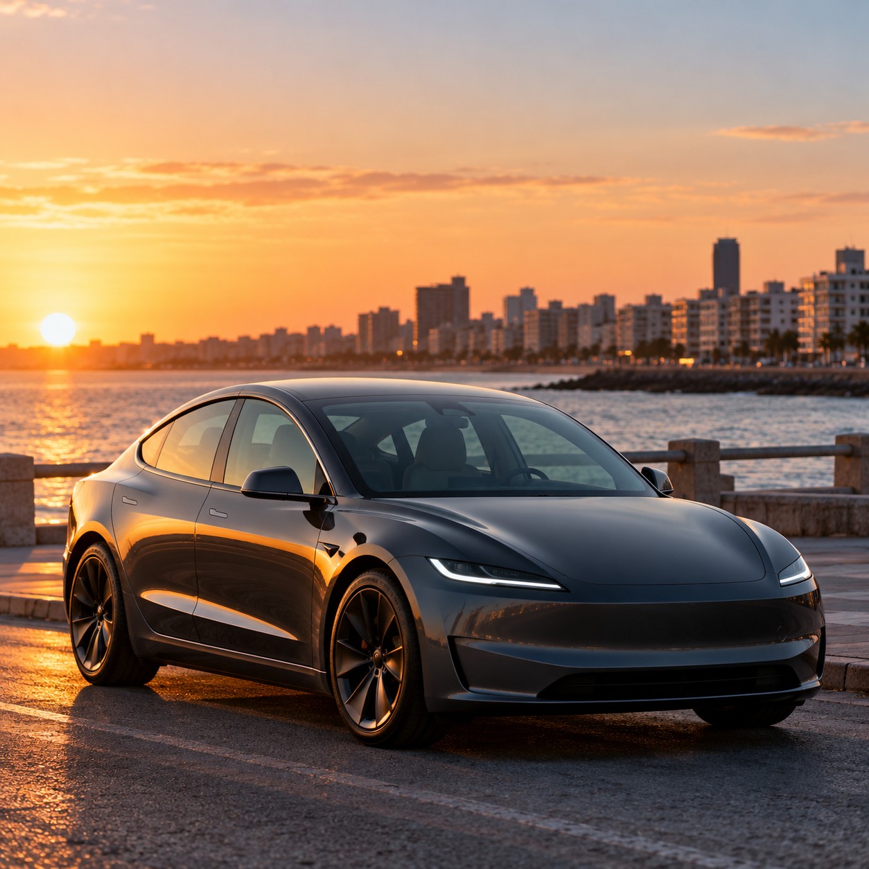 Sedán eléctrico gris oscuro de silueta fastback, sin emblemas, estacionado frente a la rambla costera de Montevideo al atardecer, con el Río de la Plata y edificios de la ciudad de fondo. Imagen ilustrativa.