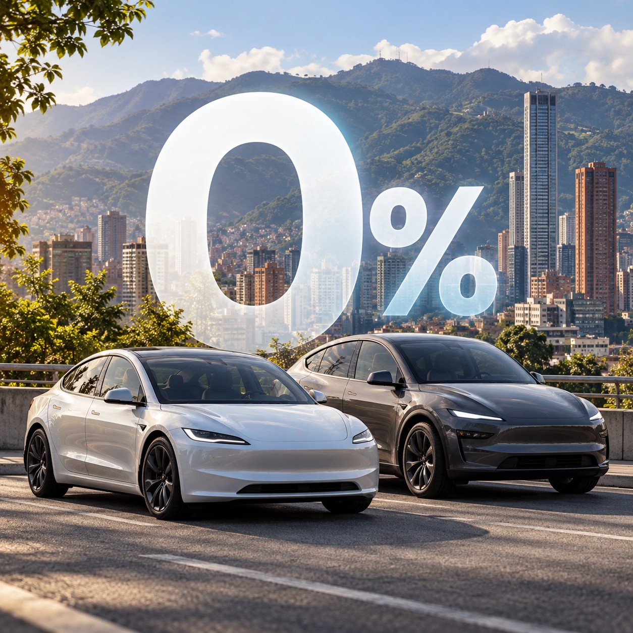 Imagen editorial ilustrativa de un sedán eléctrico blanco y un SUV eléctrico gris oscuro, sin marcas visibles, frente a un paisaje urbano colombiano con edificios y montañas verdes. Una gráfica superpuesta destaca el 0% de financiación.